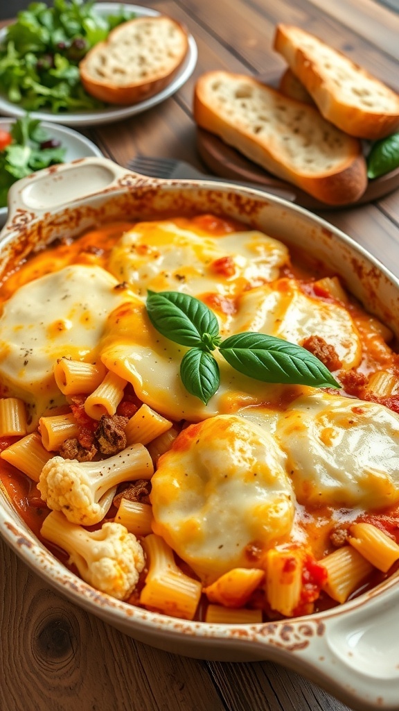Baked Cauliflower Ziti Recipe Baked cauliflower ziti with melted cheese and roasted cauliflower, garnished with basil, in a rustic baking dish.
